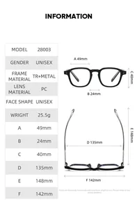Detailed size chart for TR and metal blue light blocking glasses with frame dimensions