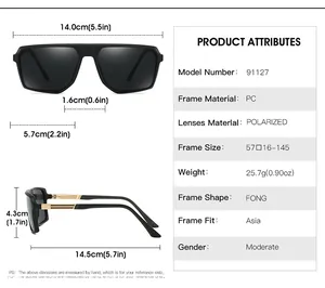Detailed size specifications and measurements for black polarized square frame sunglasses