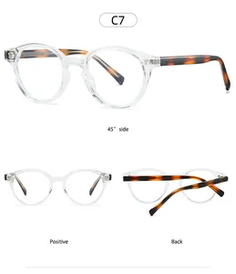 Detailed views of C7 round clear frame glasses with tortoiseshell temples and metal core