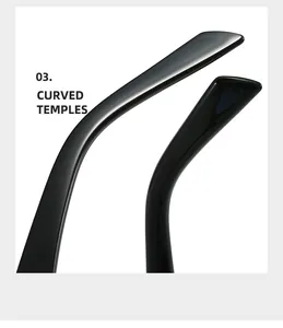 Macro detail of curved temples on stylish black polygon blue light glasses frames