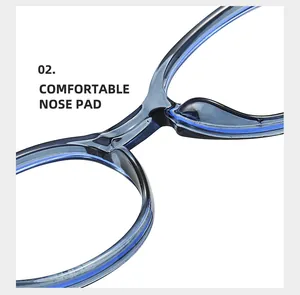 Close-up of translucent blue eyeglass frame featuring comfortable integrated nose pads