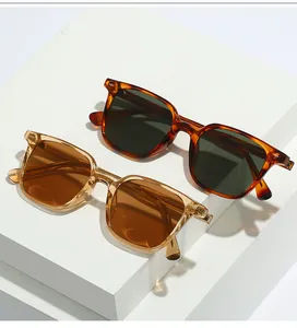 Detail view of retro square TR90 sunglasses showing tortoise and tea frames with model TR28001