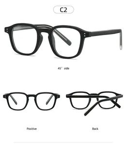 Multiple views of C2 black square frame glasses showing front, side, and back details