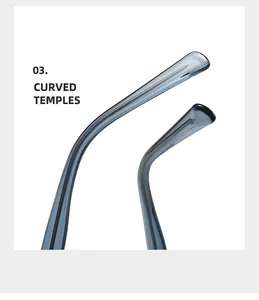 Detail of curved temples on transparent blue glasses frame with visible metal core