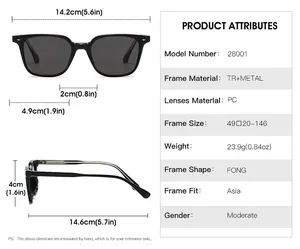 Size guide for TR90 square sunglasses showing frame width, lens dimensions and specifications