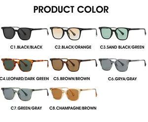 Flat lay display of TR90 square sunglasses in eight colors from C1 to C8 black to leopard