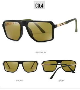 Detail view of square frame sunglasses with olive green interior and golden temple accents