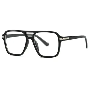 Classic black double-bridge square frame glasses with silver metal accents and clear lenses