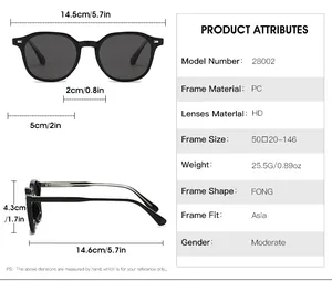 Detailed size chart and technical specifications for retro jelly sunglasses model 28002