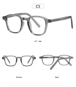 Three-angle view of C5 grey translucent TR anti-blue light square eyewear frames