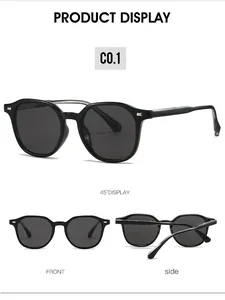 Three-angle view of black retro oversized sunglasses with metallic hinge details