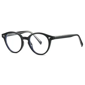 Retro round black glasses frames with blue light blocking lenses and silver accents