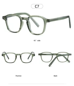 Three views of translucent green square eyewear frames showing front and side details