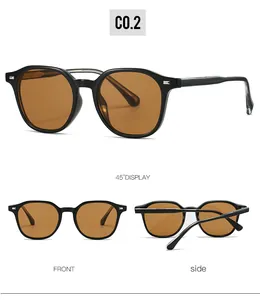 Retro jelly-color sunglasses with brown lenses showing front, side, and 45-degree views