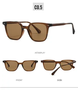 Detail view of TR90 square sunglasses with silver rivets and sleek polished brown frames