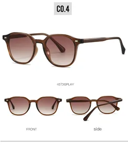 Three views of retro panto sunglasses in amber jelly frame with brown gradient lenses