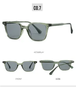 Detailed views of TR90 green frame sunglasses with dark lenses from multiple angles