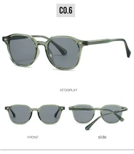 Three-way view of retro jelly green sunglasses with dark lenses and silver details