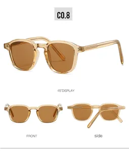 Trois vues de lunettes de soleil vintage carrées ambre avec verres marron foncé
