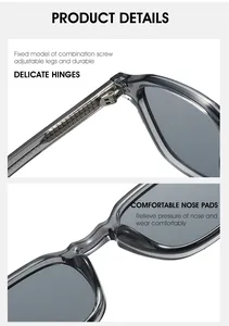 Détail des charnières métalliques et des plaquettes de nez ergonomiques sur lunettes grises