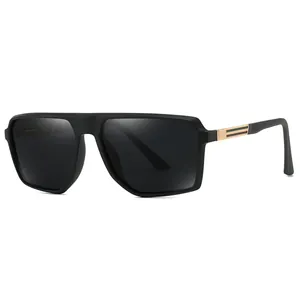 Men's retro polarized sunglasses with matte black square frames and tri-color temple stripes
