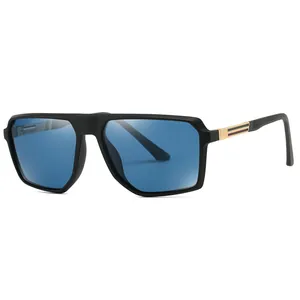 Classic men's vintage polarized sunglasses with matte black frames and blue lenses
