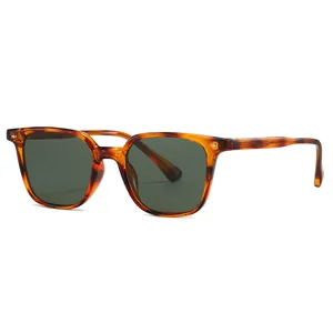 Classic tortoise shell TR90 square sunglasses with dark green lenses and metal rivets
