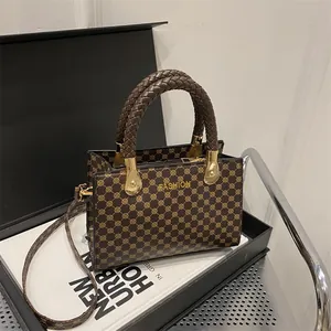 Borsa a Tracolla da Donna Vintage con Stampa Monogramma Piccola Borsa Quadrata Manico Intrecciato Pelle PU Moda Borsa a Mano Retro Casual