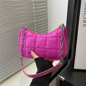 Women's Quilted Puffer Underarm Bag Nylon Square Stitching Shoulder Bag With Silver Chain Fashion Minimalist Handbag