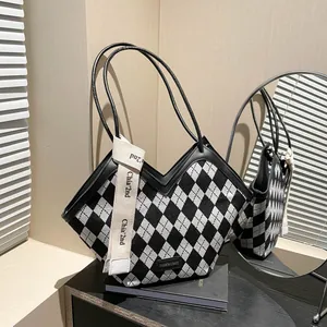 Fashion Checkered Argyle Tote Bag For Women PU Leather Tweed Large Capacity V-Neck Shoulder Bag Underarm Commute Handbag