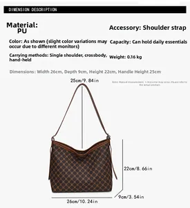 Detailed view of brown vintage tote bag with dimensions: 26cm x 9cm x 22cm and long strap