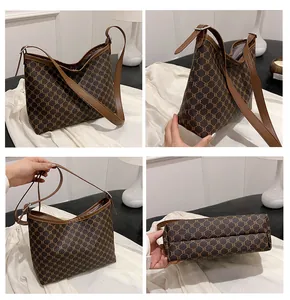 Detailed views of vintage brown tote bag featuring geometric monogram patterns and leather strap