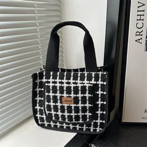 Women Fashion Tweed Tote Bag Large Capacity Black White Checkered Handbag For Daily Commuting Casual Woolen Bag With Zipper