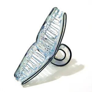 Translucent blue acetate hair claw clip with black edges and strong metal spring
