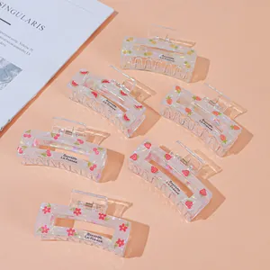 French Style Iridescent Acrylic Hair Claw Clips Fruit Pattern Strawberry Watermelon Pineapple Print Rectangular Hair Clip Women Accessories