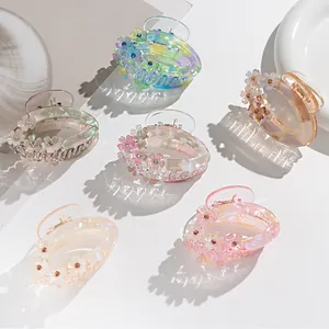 Korean Sweet Flower Hair Claw Clip With Rhinestones Elegant Floral Resin Hair Accessories For Women Daily Hair Styling