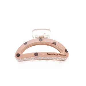 Beige ovale Haarklammer mit schwarzen Punkten und Metallfeder für Damen-Pferdeschwänze