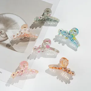 Acrylic Flower Hair Claw Clip Elegant Iridescent Mermaid Pearlescent Hair Accessory With Rhinestone Floral Hairpin For Women