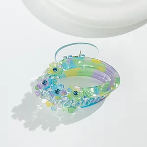 Mint green and purple gradient floral hair claw clip with rhinestones for women