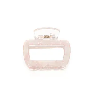 Square pink marble resin hair claw clip with golden metal spring for women's high ponytail