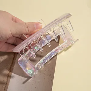 Iridescent rectangular large hair claw clip for thick hair with pearlescent finish
