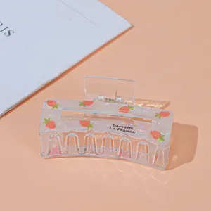 Pinza para el pelo rectangular irisada con patrón de fresa y texto Barrette La France