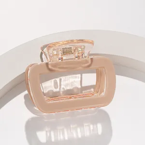Detail der nude-pinken quadratischen Haarklammer mit Goldfeder auf glänzender Fläche