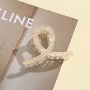 Détail d'une pince à cheveux en acrylique champagne translucide avec ressort doré