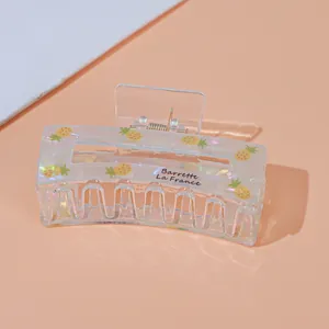 Pinza para el cabello rectangular de acrílico irisado con lindo estampado de piña