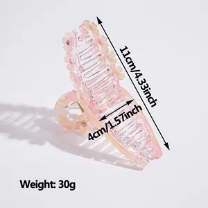 Pince à cheveux fleur en acétate rose avec strass, grand modèle de 11cm pour femmes
