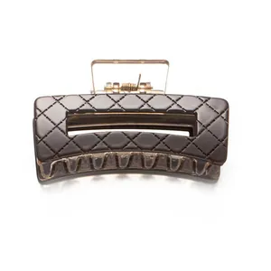 Classic brown checkered acrylic hair claw clip with rectangular cutout for women