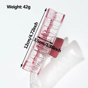Pink translucent rectangular claw clip for thick hair with 12cm size dimensions