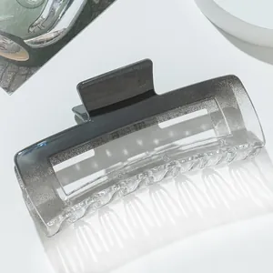 Macro detail of a large square gradient shark hair claw clip in black and clear