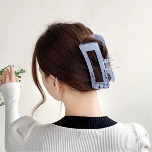 Large square hair claw clip with blue marble texture and Chinese calligraphy for women
